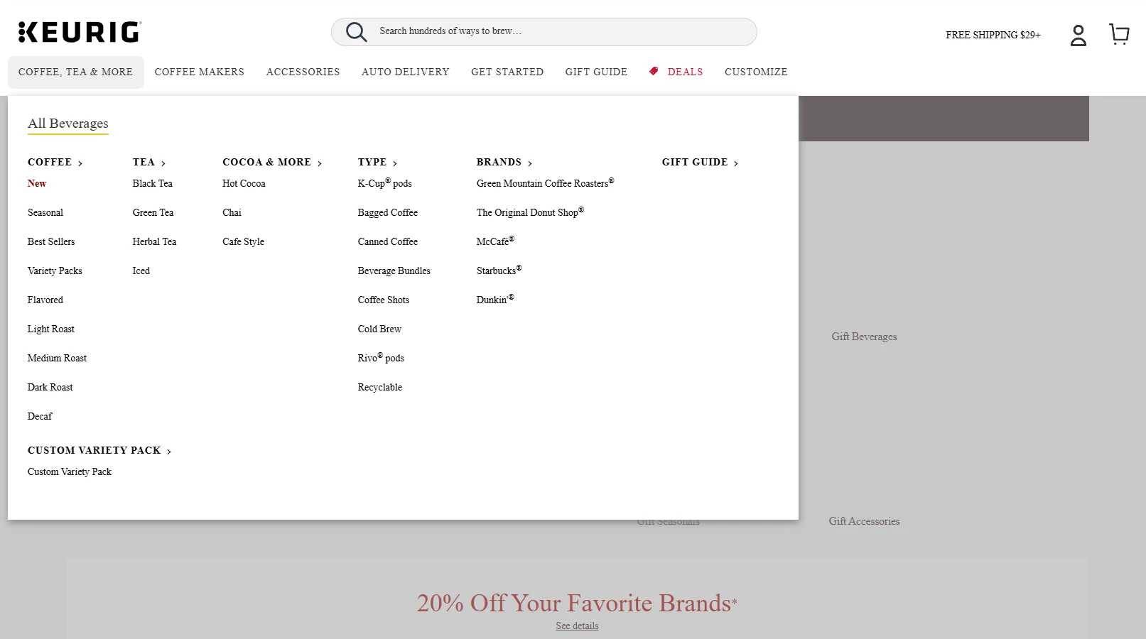 Original Keurig.com navigation with text-heavy lists of links.