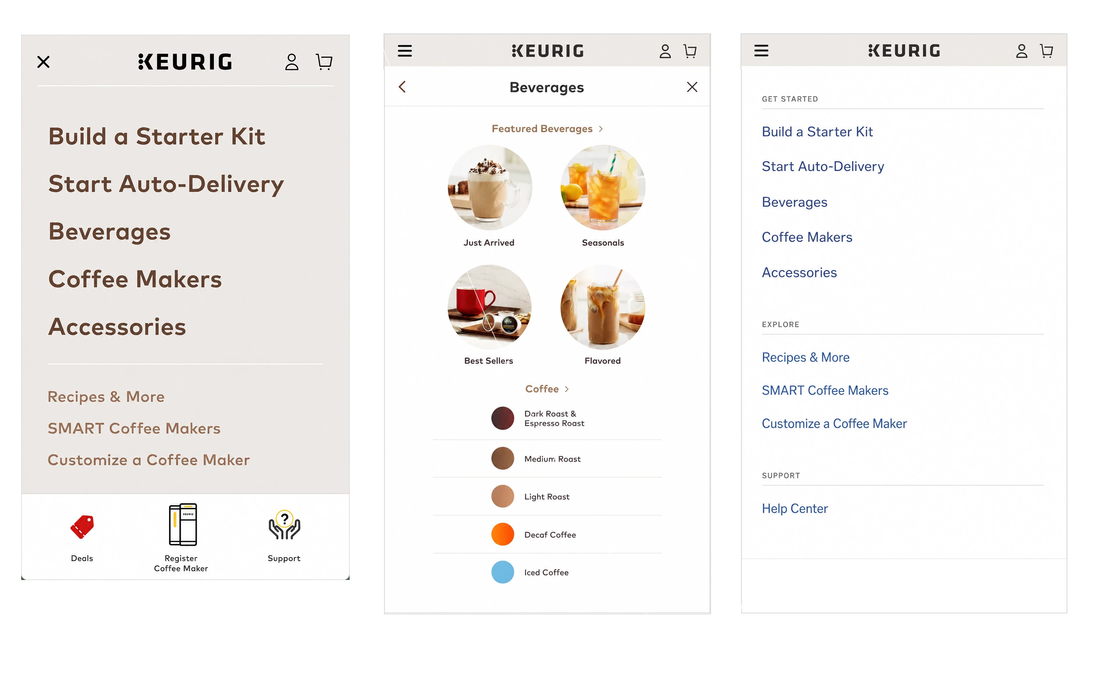 Mobile versions of the Keurig visual navigation redesign.
