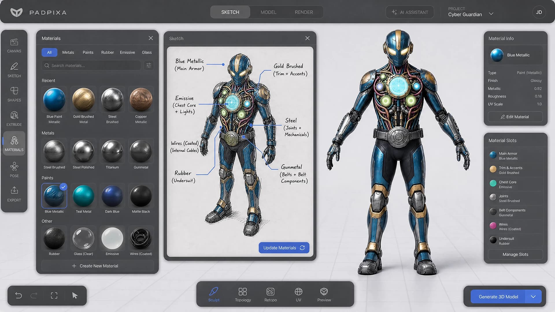 Screenshot from PadPixa, a work-in-progress AI sketch-to-3D modeling environment